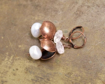 Shell and pearl earrings with copper shells, large freshwater pearls and rock crystal, copper leverbacks