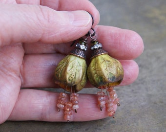 Earrings with handmade porcelain bells and sparkling sunstone, niobium ear hooks