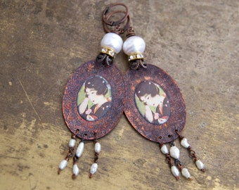 The Tears of the Geisha Earrings with handmade enamel pendants, freshwater pearls and rhinestones, copper leverbacks, long earrings