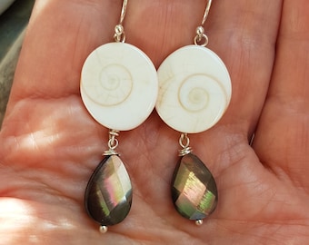 Shiva eye and mother of pearl earrings, sterling silver earrings, faceted shimmering mother of pearl drops, 925 silver ear hooks