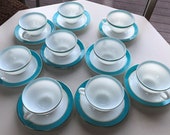 Pyrex Tea Cup and Saucer Turquoise and Gold Trimmed 1950 39 s Milk Glass