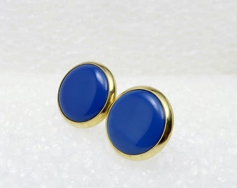 CORNFLOWER blue brass glass earrings and historic glass buttons - 11 mm
