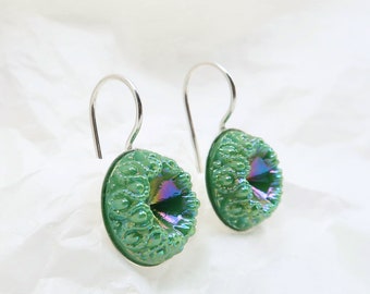 GREEN ROSETTE - green earrings made of historic glass buttons in silver bowls AG 925 - 14 mm
