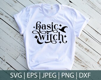Könnte beinhalten: Weißes T-Shirt mit schwarzem Text, der "basic witch" lautet, mit einer Grafik eines Hexenhutes.