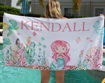 Mermaid Beach Towel, Personalized Kids Towel, Custom Birthday Gift