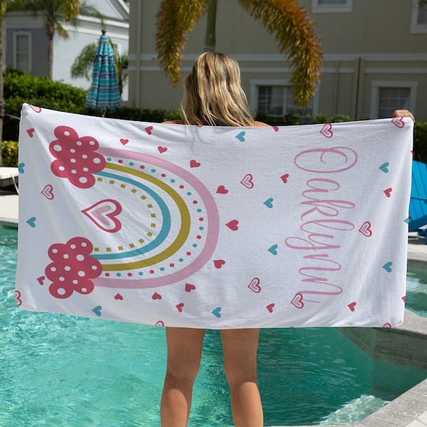 Personalized Rainbow Beach Towel, Custom Beach Towel, Kids Beach Towels, Adult Towel, Children Birthday Gift, Summer Time Pool Party, Favors