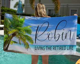 Personalized Retirement Beach Towel, Custom Name Gift
