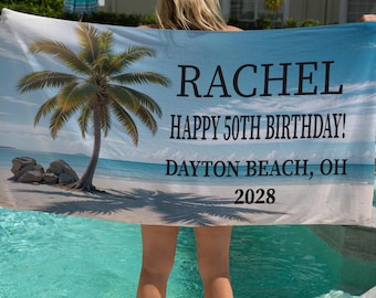 Personalized 50th Birthday Beach Towel – Custom Tropical Birthday Gift