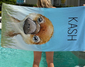 Personalized Platypus Watercolor Beach Towel – Custom Name Pool Towel