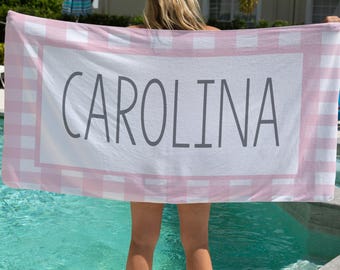 Personalized Beach Towel – Pink Gingham Custom Name Pool Towel