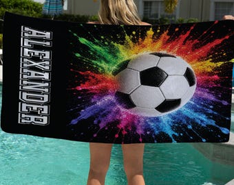 Personalized Soccer Splash Beach Towel – Custom Name Pool Towel Gift