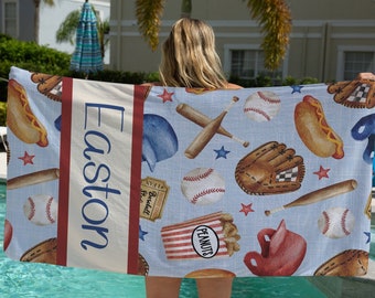 Baseball Beach Towel, Baseball Lover Gifts, Custom Pool Towel, Personalized Kids Beach Towel, Kids Camping Gift, Baseball Decor