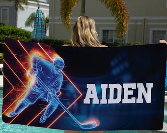 Personalized Hockey Beach Towel, Custom Microfiber Fleece