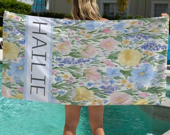 Personalized Watercolor Floral Beach Towel – Custom Name Pool Summer Towel