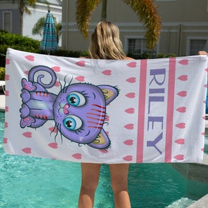 Cat Beach Towel, Teenage Birthday Gift, Personalized Beach Towels, Customized Beach Towel, Kitty Cat Lover Gift, Beach Towel For Adults