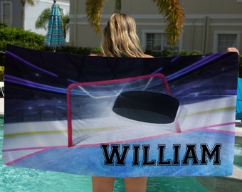 Personalized Hockey Beach Towel, Custom Name Gift