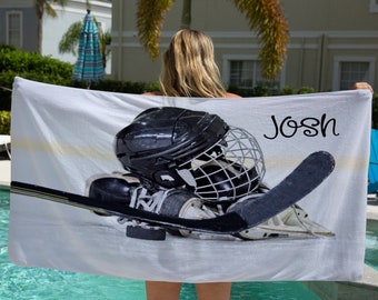 Personalized Hockey Beach Towel, Custom Microfiber Fleece