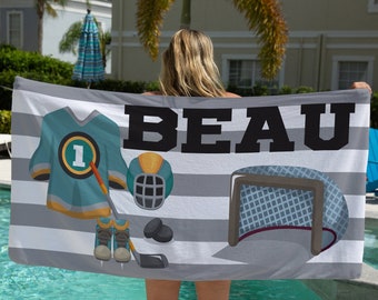 Personalized Hockey Beach Towel, Custom Name Gift
