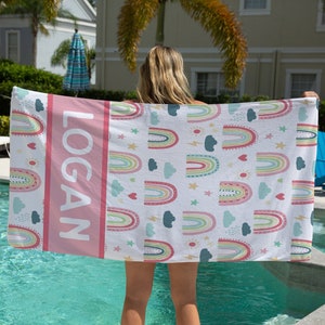 Rainbow Beach Towel, Customized Beach Towel For Girl, Personalized Kids Beach Towel, Pool Accessories, Beach Vacation Towel,Summertime Party