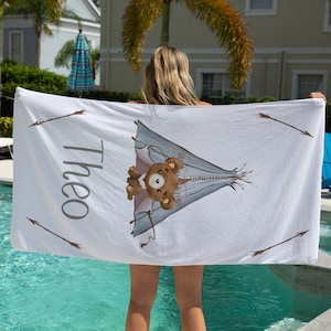 Bear Beach Towel For Toddlers, Personalized Beach Towel For Kids, Customized Beach Towel For Children, Bear Baby Shower Gift, Woodland Gift
