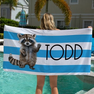 Raccoon Beach towel, Raccoon Pool Towel, Personalized Towel For Kids, Toddler Beach Towel, Woodland Beach Towel, Pool Party Gift