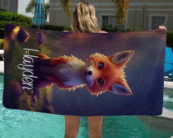 Personalized Fox Beach Towel, Custom Kid's Microfiber Pool Towel