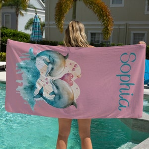 Dolphins Beach Towel, Personalized Beach Towel For Little Girl, Toddler Beach Towel, Custom Pool Towel, Gift For Women, Coworker Gift