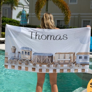 Train Beach Towel, Personalized Beach Towels, Custom Beach Towel, Toddler Beach Towel, Kids Towel, Birthday Present, Baby Shower Gift