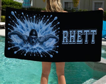 Personalized Swimmer Beach Towel – Custom Name Pool Towel, Swim Team Gift