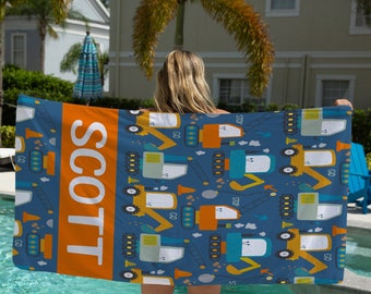 Personalized Construction Trucks Beach Towel, Kids Custom Name