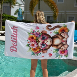 Monkey Beach Towel, Kids Pool Towel, Personalized Towel, Customizable Beach Towel, Monkey Birthday Gift, Floral Towel, Monkey Baby Shower