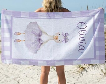 Personalized Goose Beach Towel – Purple Gingham Kids Pool Towel