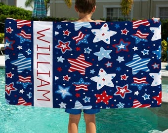 Personalized Patriotic Kids Beach Towel – Custom Name Stars Pool Towel