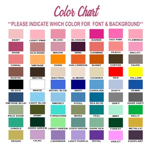 May include: Color chart with 64 different color swatches. The chart is labeled "Color Chart" and "PLEASE INDICATE WHICH COLOR FOR FONT & BACKGROUND".