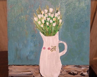 Oil and acrylic Tulip Bouquet on 8 x 8 canvas panel