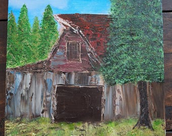 Impasto oil and acrylic painting on 8 x 8 canvas panel Old Barn **unframed**