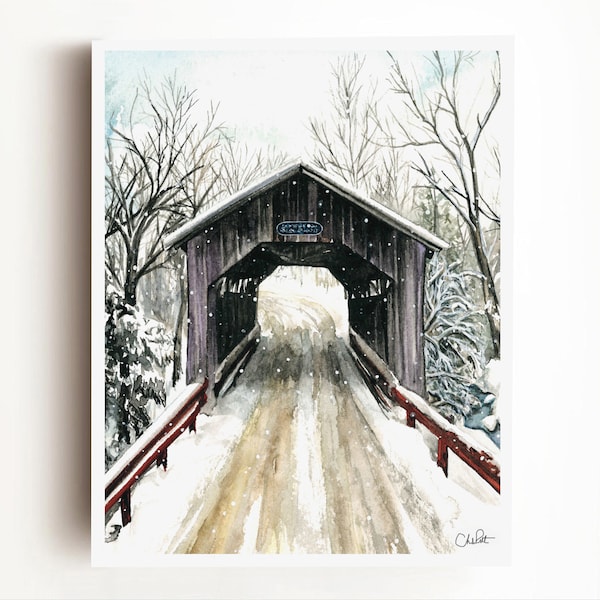 Stowe Vermont Landscape Gold Brook Covered Bridge Watercolor Emily's Bridge Painting