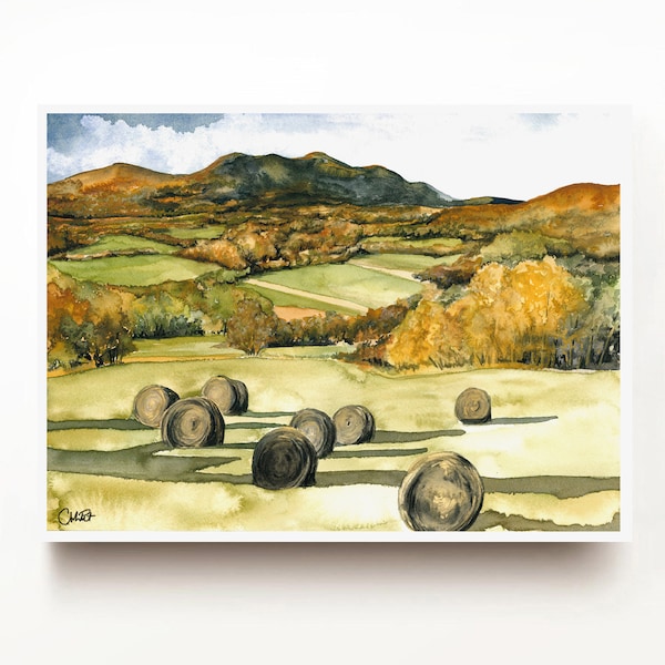 Vermont Rolling Hills Fall Autumn Golden Hour Hayfield Landscape Watercolor Painting