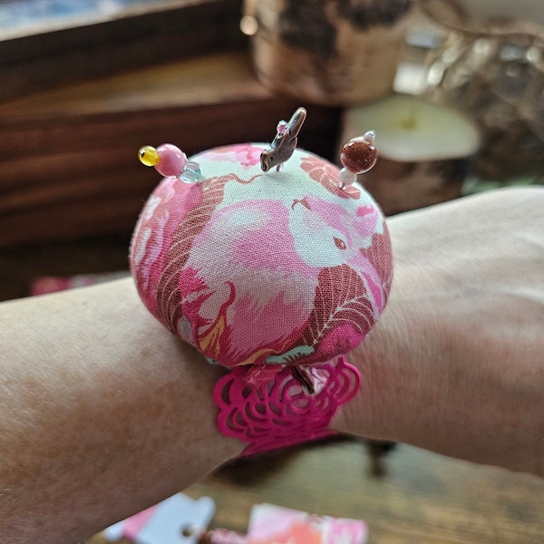 Pincushion Wrist Cuff Charm Bracelet in Pink for Sewing and Crafting-Tula Pink Foxfield Fabric with Removable Charms and Accessories