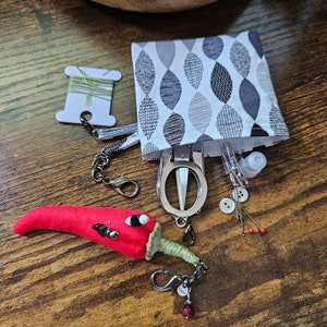 Pouch Travel Sewing Kit with Red Chili Pepper Pincushion/Needle Sharpener and Garnet Charm and Accessories