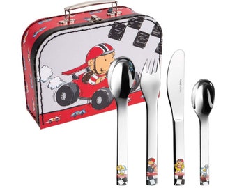 PURESIGNS ONE QUICK Kinderbesteck Set Rennfahrer graviert 5-tlg im Koffer, Besteck Set mit Gravur | Geschenk zur Geburt | Taufe | Geburtstag