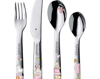 WMF Kinderbesteck PRINZESSIN ANNELI 4-tlg mit Gravur, Gravurbesteck mit Namen graviert, Besteck Set, Geschenk Geburt | Taufe | Geburtstag