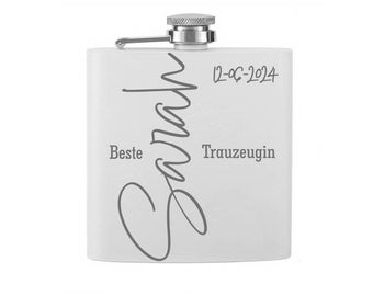 Flachmann weiss mit Gravur, 150 ml, 6 OZ Unzen, Taschenwärmer graviert, personalisiert mit Foto und Text, Wunschmotiv, Trauzeugen Geschenk