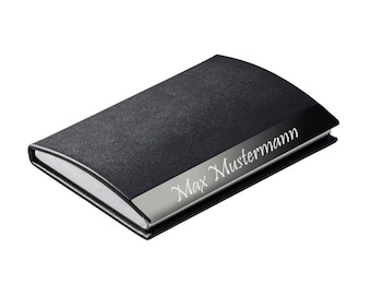 BUSINESS CARD CASE BLACK SILVER PERSONALIZED, BUSINESS CARD BOX ENGRAVED WITH NAME