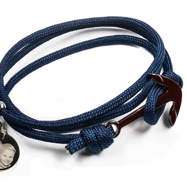 Armband Ankerblue blaues Nylonarmband mit Anker Verschluss mit Gravur des runden Charm Anhängers graviert mit Foto und Text