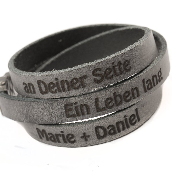 Lederarmband YUKO mit Gravur, Wickelarmband graviert, Surferarmband, personalisiertes Armband mit Text, verschiedene Farben