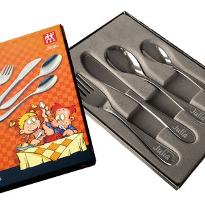 Kinderbesteck Zwilling Filou 4 tlg mit Gravur Besteck Set ZWILLING J.A. Henckels mit Namen graviert Geschenk zur Geburt Taufe Bild 1