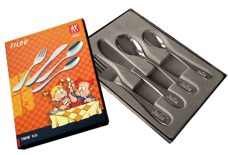 Kinderbesteck Zwilling Filou 4 tlg mit Gravur Besteck Set ZWILLING J.A. Henckels mit Namen graviert Geschenk zur Geburt Taufe Bild 1