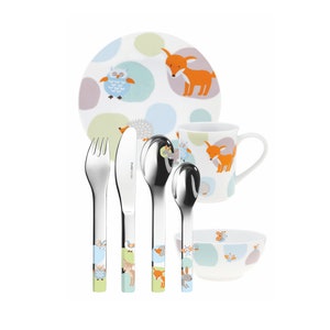 PURESIGNS ONE children's crockery set 7-piece WOODY forest animals engraved with names Cutlery set with engraving gift for birth Baptism Birthday image 1