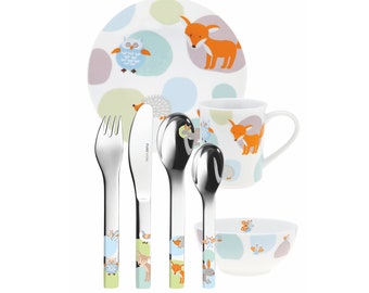 PURESIGNS ONE children's crockery set 7-piece WOODY forest animals engraved with names Cutlery set with engraving | gift for birth | Baptism | Birthday